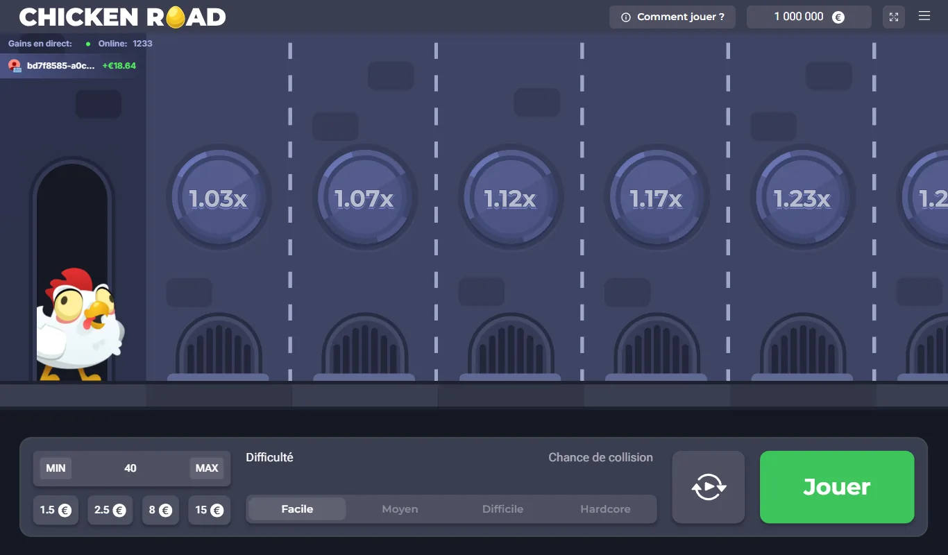 Chicken Road en niveau Facile : premières pièces à 1,03x, 1,07x, 1,12x, 1,17x et 1,23x