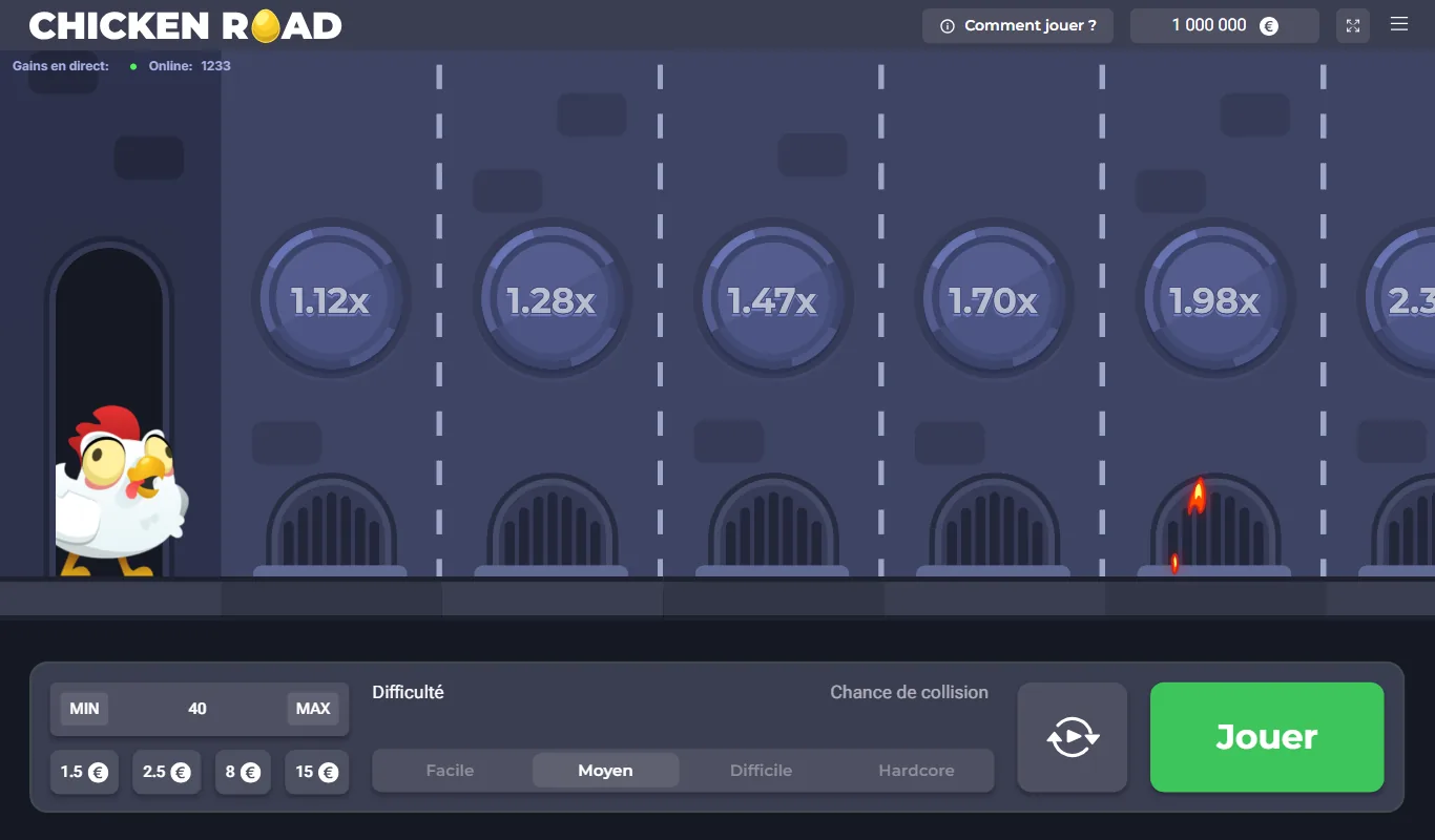 Chicken Road en niveau Moyen : premières pièces à 1,12x, 1,28x, 1,47x, 1,70x et 1,98x